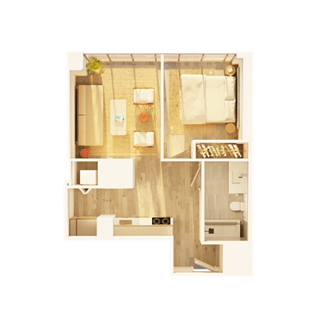 Floor plan for 1 bed, 1 bath, 567 sqft